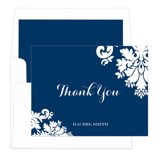 Navy Damask Thank You Folded Note Cards